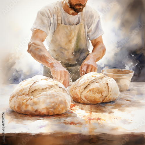 Expressive watercolor scene of a male baker kneading dough on a floured table with rustic ambiance