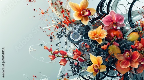 A stunning blend of technology and nature: gears entwined with vibrant orchids and fruits