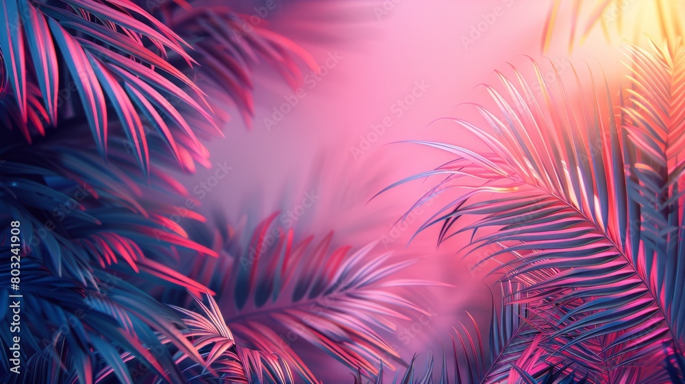 Tropical leaves in neon colors on pink background. Creative summer inviting banner design with free copy space