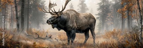 A realistic painting of a moose standing amongst tall trees in a dense forest