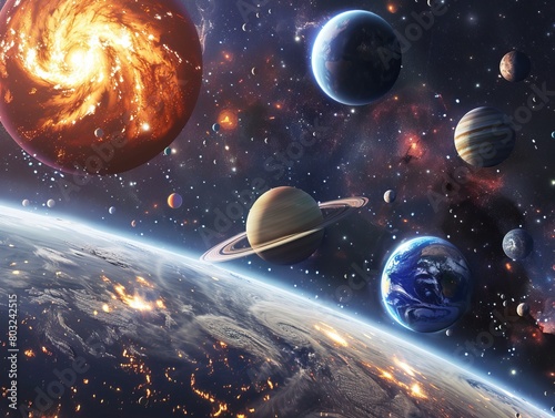 Real photo of planets in space with spectacular galactic background
