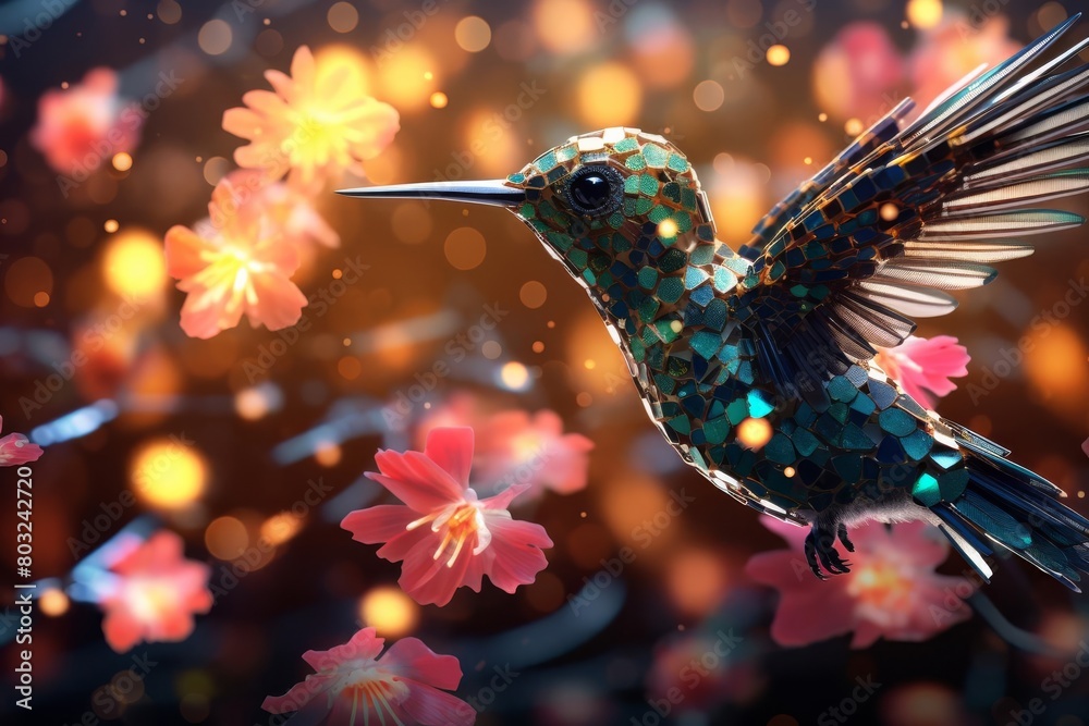 a robotic hummingbird amidst a field of neon flowers