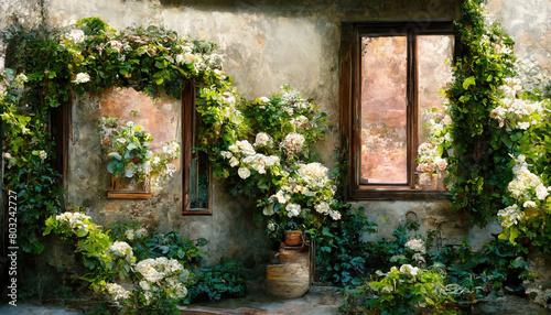 Oil painted italian old building garden with green plants and flowers