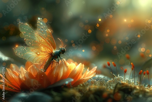 A tiny fairy with delicate wings, sitting on the edge of an orange flower in a lush green mossy garden,