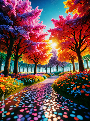 illustrazione di paesaggio fiabesco con alberi e sottobosco di luci scintillanti e colorate photo
