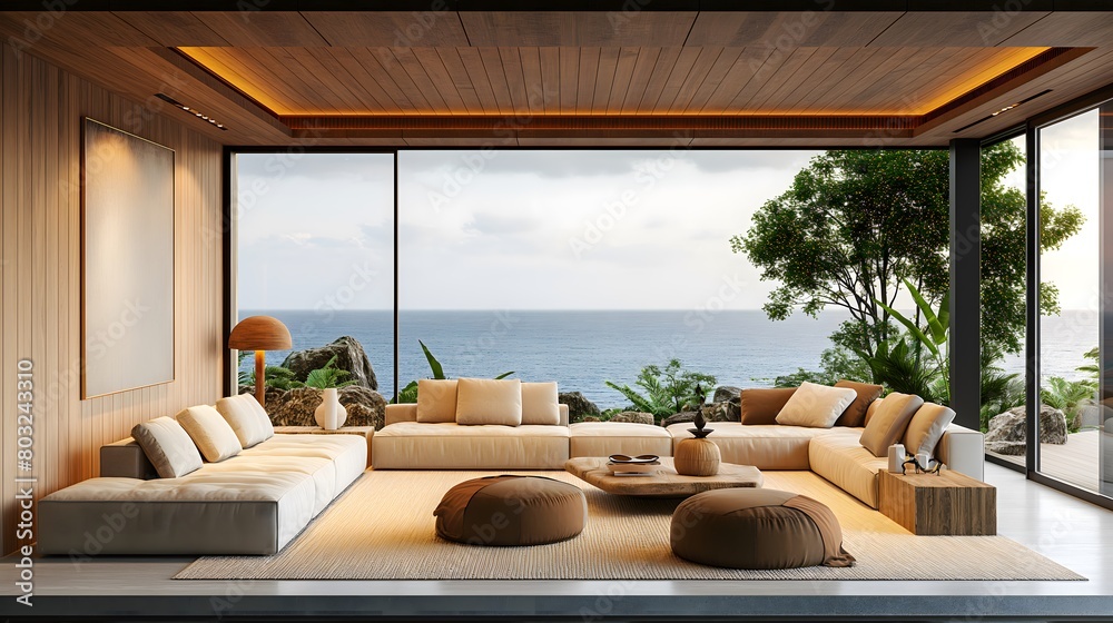 Sophisticated oceanfront lounge with wood accents and panoramic views