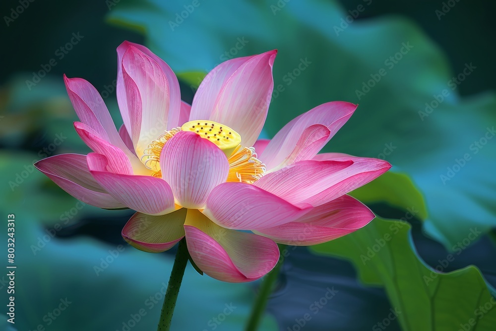 A pink lotus flower stands out against a backdrop of green leaves in this close-up shot