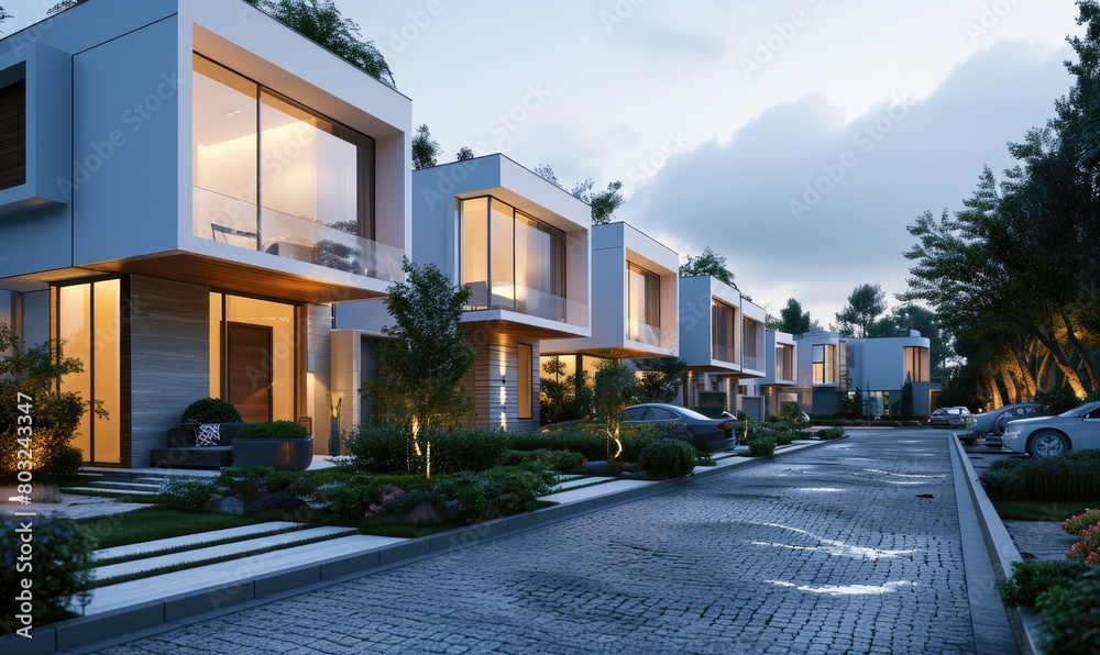 White modern modular townhouses residential architecture with balconies in the afternoon