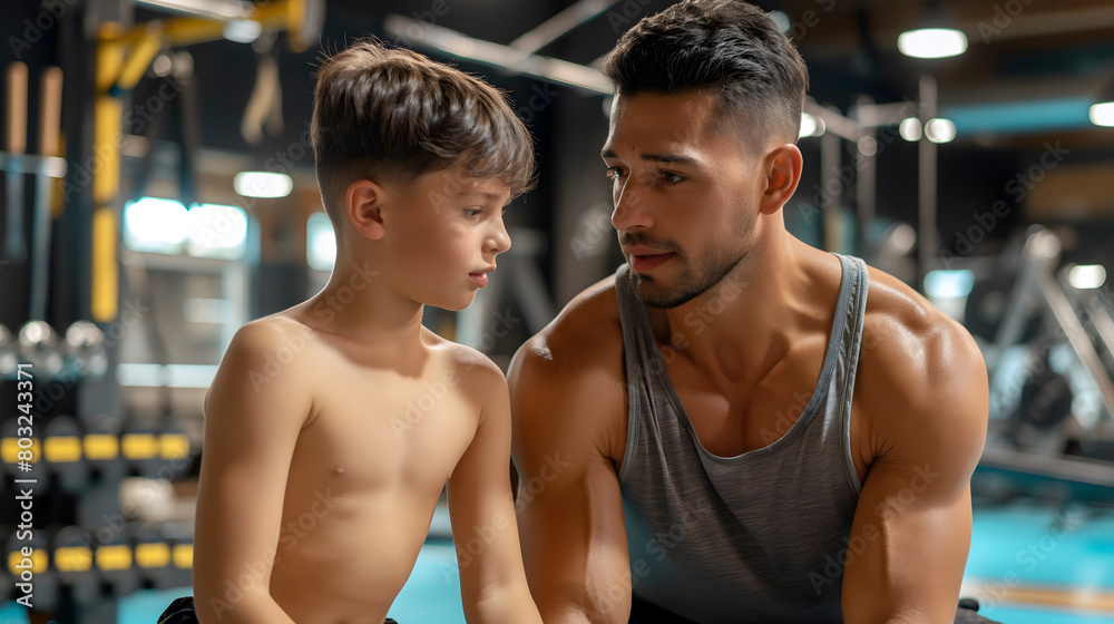 Father and son having a serious conversation during gym workout Father and son having a serious conversation during gym workout
