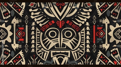 Intricate tribal-inspired design with black, white, and red patterns