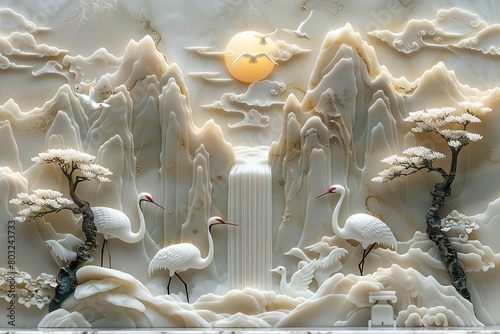 Asian 3D painting of mountains and several cranes standing under a waterfall, paper carving style