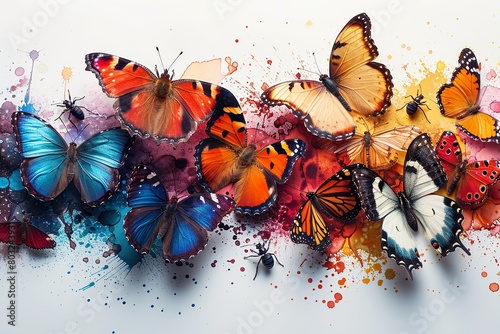 butterflies, catterpillars, beetles, dragonflies, bees, ants, and one spider, colourful paint splatters, White background, photo