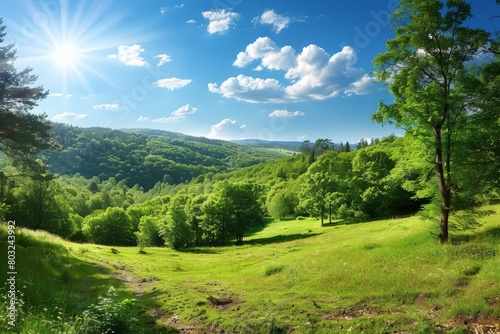 The sun shines brightly over a valley filled with vibrant green foliage