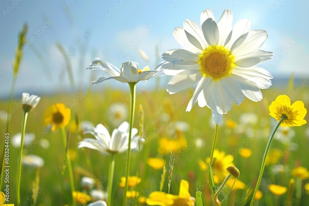 A field filled with white and yellow flowers blooming under the sunlight A field filled with white and yellow flowers blooming under the sunlight