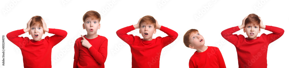 Surprised boy on white background, collage of photos Surprised boy on white background, collage of photos