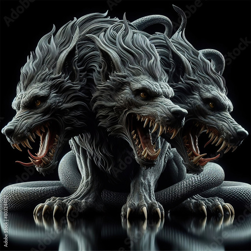 Cerberus, the mythological dog with three heads and a serpent's tail, guardian of the entrance to the underworld.