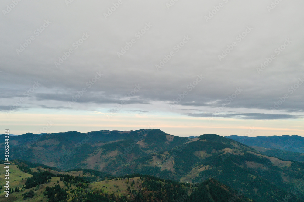Aerial view of beautiful mountain landscape on cloudy day