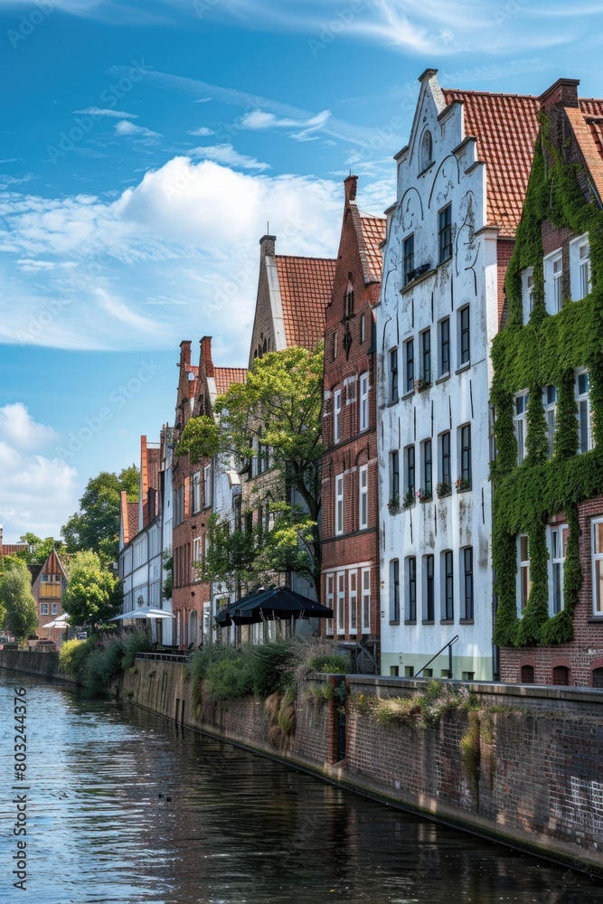 Fototapeta premium Urban buildings along a waterway, suitable for cityscape concepts