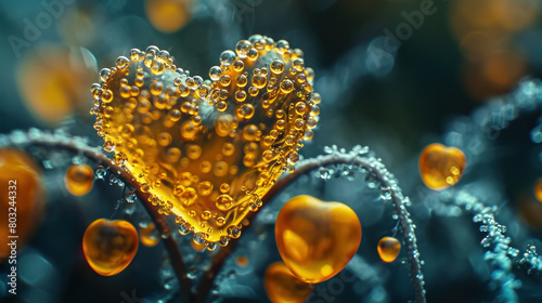 Golden Heart Sparkling with Water Droplets on Plant Surrounded by Vibrant Yellow Flowers in Field