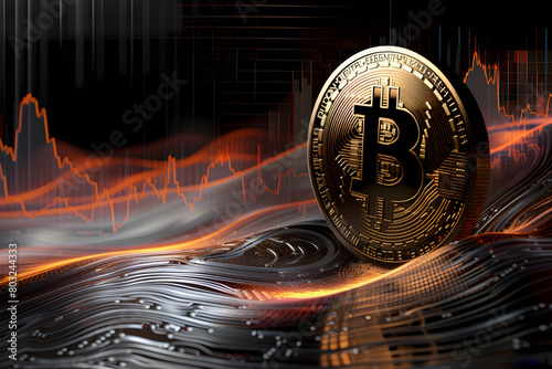 Golden Bitcoin Amidst Digital Waves and Financial Graphs: A Symbol of Cryptocurrency Market Dynamics