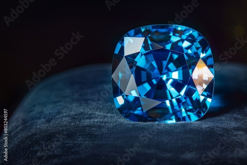 An exquisite sapphire gemstone  resting on a velvet cushion  its facets catching the light and creating a dazzling array of blues against a solid dark background.