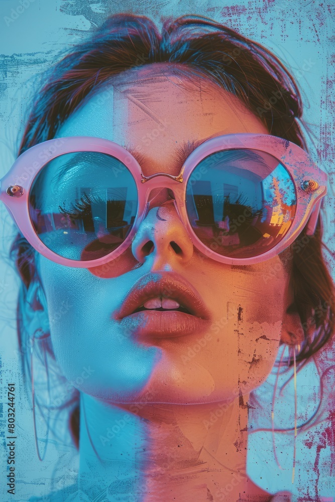 Close up of woman in pink sunglasses with cool smile and chin resting on eyewear, stylish pop art portrait poster design