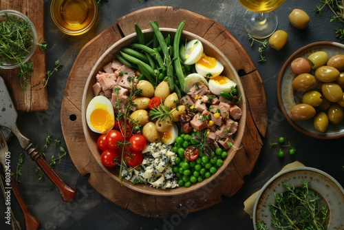 Fototapeta Naklejka Na Ścianę i Meble -  An overhead view of a classic Niçoise salad with tuna, boiled eggs, cherry tomatoes, green beans, olives, and potatoes.