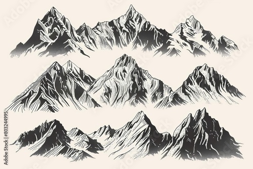 rustic handdrawn mountain peaks sketch collection black and white illustration