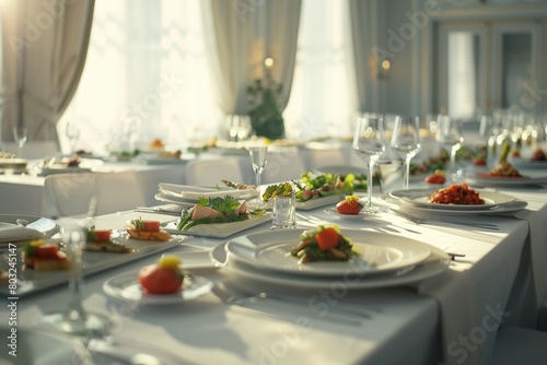 Freshly prepared meals on white plates  elegantly arranged on a white dining table near a window.