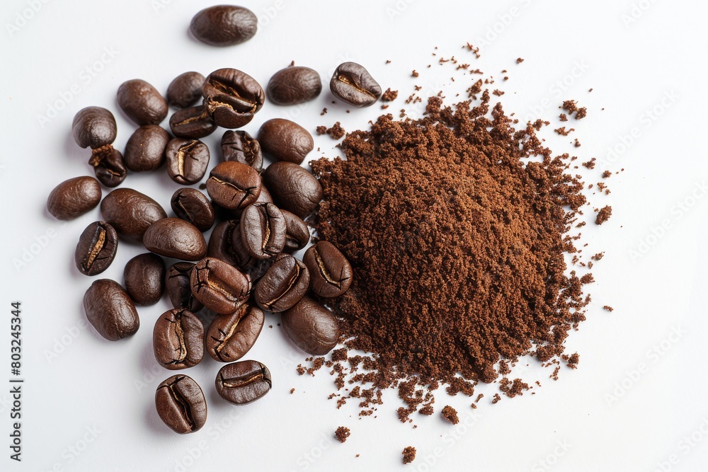 High angle view of coffee beans and ground coffee on a clean white backdrop, perfect for coffee lovers and baristas High angle view of coffee beans and ground coffee on a clean white backdrop, perfect for coffee lovers and baristas