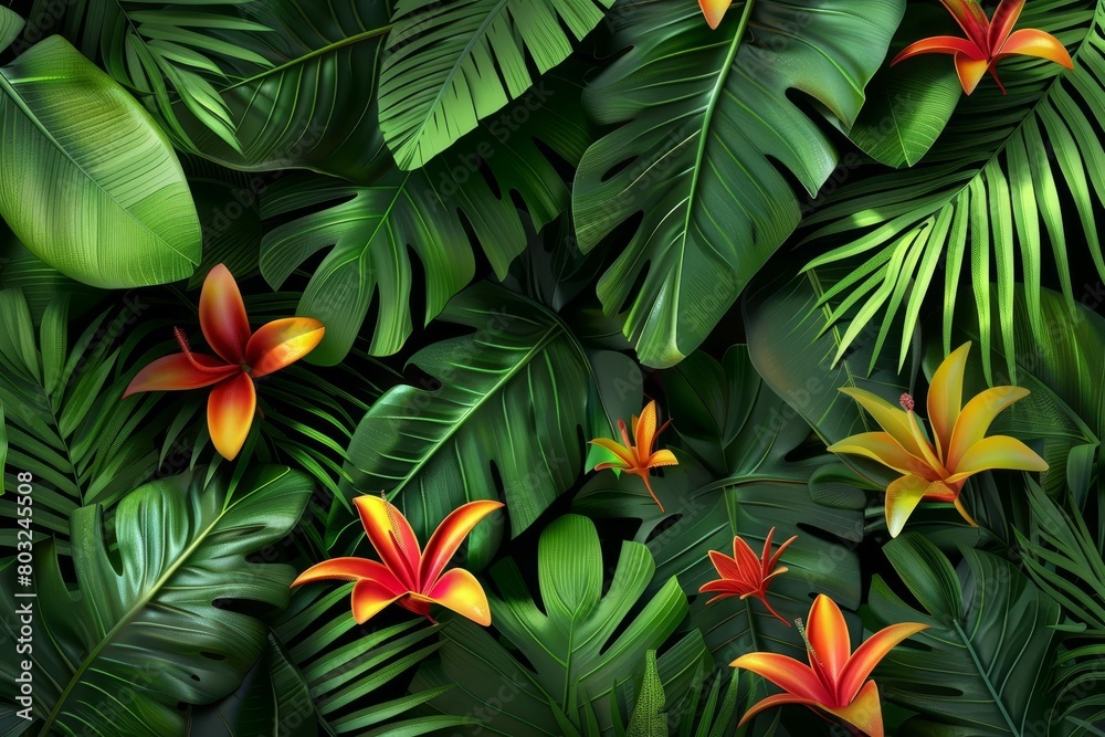 seamless tropical jungle pattern with exotic plants and flowers lush ...
