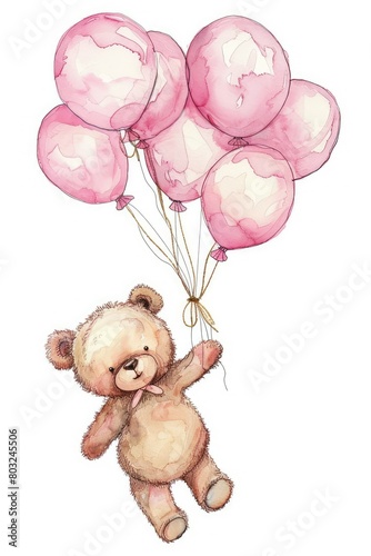 watercolor clipart cute nursery teddy bear floating from a pack of pink balloons