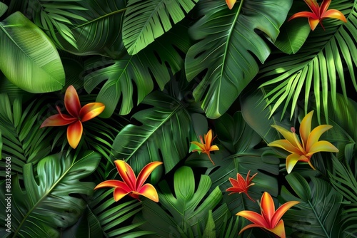 seamless tropical jungle pattern with exotic plants and flowers lush green background for wallpaper or fabric print 3d illustration