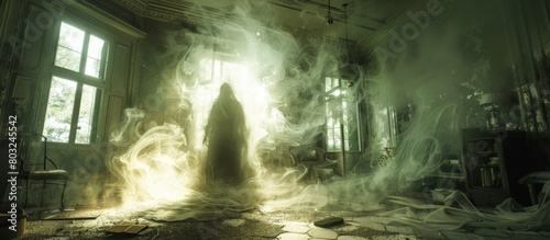 Ethereal Presence A Spirit Manifesting in a Room Shrouded in Mist and Dread photo