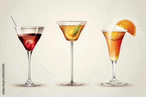 Three different types of cocktails lined up in a row. Great for menu designs or summer party invitations