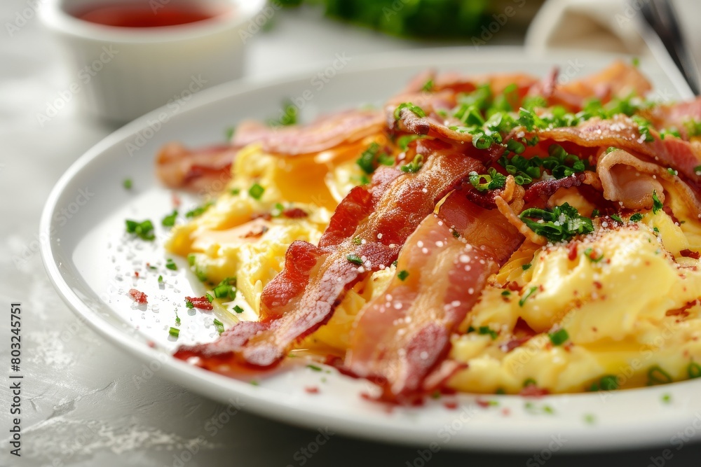 Scrambled eggs with crispy bacon on a white plate Scrambled eggs with crispy bacon on a white plate