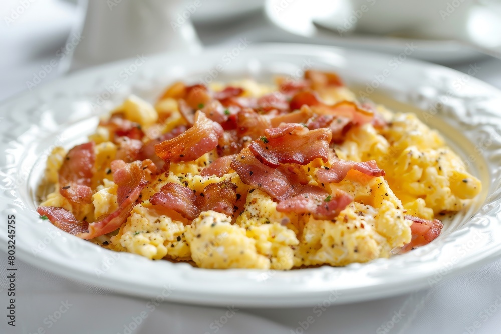 Scrambled eggs with crispy bacon on a white plate, a delicious and satisfying morning meal Scrambled eggs with crispy bacon on a white plate, a delicious and satisfying morning meal