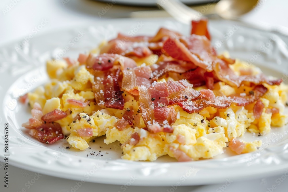 Scrambled eggs and crispy bacon on a white plate, perfect for a hearty breakfast Scrambled eggs and crispy bacon on a white plate, perfect for a hearty breakfast