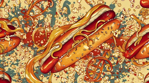 Colorful artistic illustration of hot dogs and swirling mustard amid popcorn