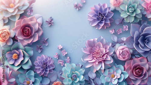 Colorful flowers and succulents are spread all over the place, soft candy colors, colors lavender,generative ai