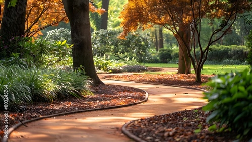 A charming park path leads to the center lined with maple trees. Concept Nature, Park, Pathway, Maple trees, Scenic Beauty photo