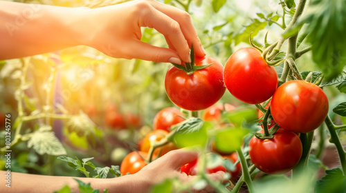 Close-up of a hand gently picking a ripe red tomato from a lush tomato plant in a greenhouse