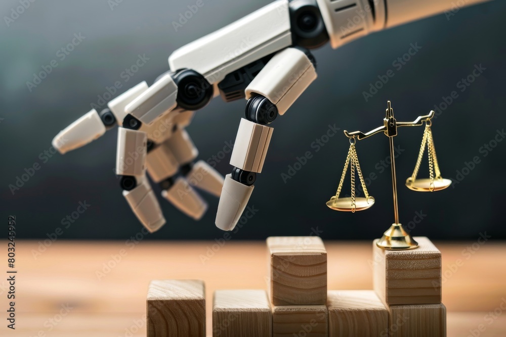 A robotic hand reaches for an icon of scales on wooden blocks depicting justice, Generated by AI