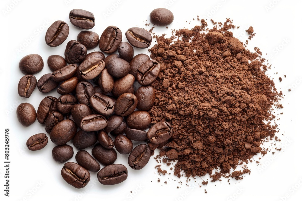 Top view of coffee beans and ground coffee on a white background Top view of coffee beans and ground coffee on a white background