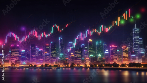 A glowing neon cityscape with skyscrapers and a glowing grid of stock market numbers and graphs.