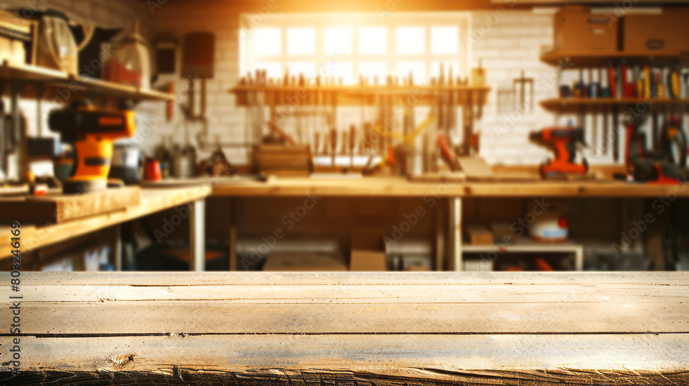 Old wooden workbench in a sunny carpentry workshop, concept of craftsmanship