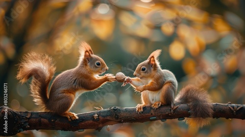 cute squirrels sharing a nut on a branch with blurred background in high definition and high quality photo