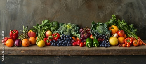 Fresh fruits and vegetables arranged in a healthful display on a wooden surface, photographed in a studio with high quality.