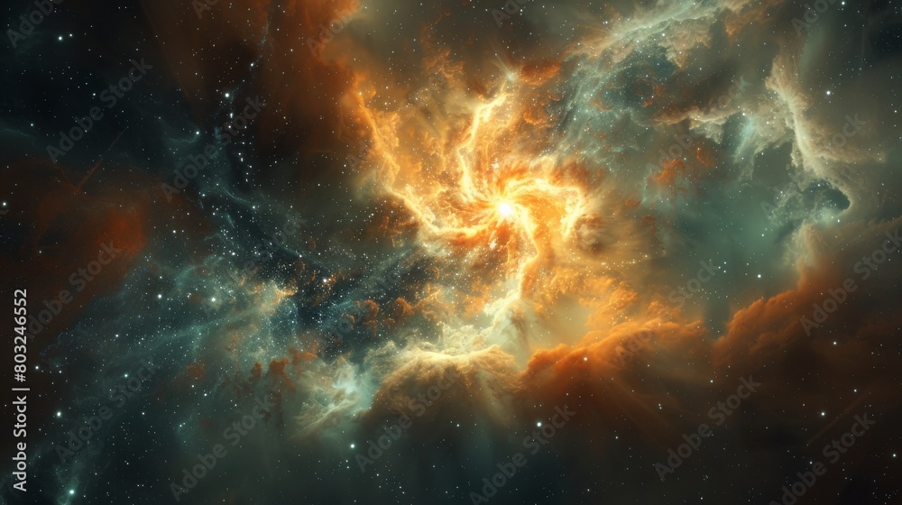 Stunning cosmic vista: a vibrant swirling nebula of stars and dust in a deep space scene