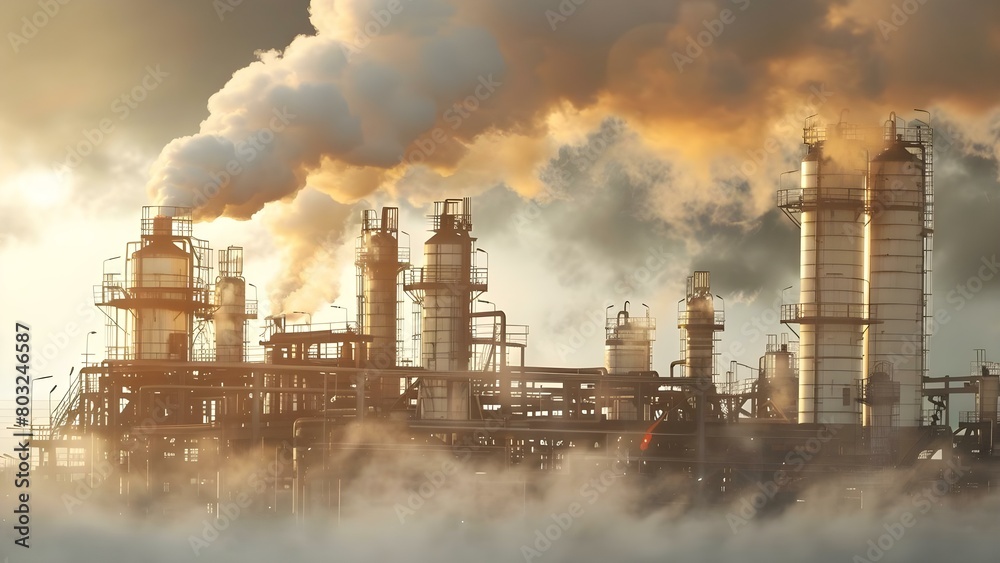 The factory's harmful smoke emission leads to environmental pollution. Concept Environmental Pollution, Factory Emissions, Harmful Impact, Air Quality, Sustainability